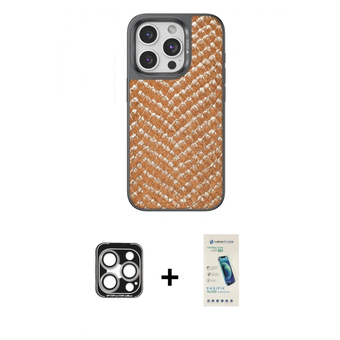 MARSİLYAN™- iPhone 15 Pro Max Kılıf Vadi Özel Seri - Şeffaf Pasifik Cam Ekran Koruyucu + PVD Metal Kamera Lens - GS