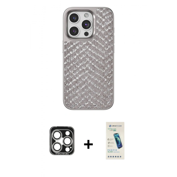 MARSİLYAN™- iPhone 15 Pro Max Kılıf Vadi Özel Seri - Şeffaf Pasifik Cam Ekran Koruyucu + PVD Metal Kamera Lens - GS