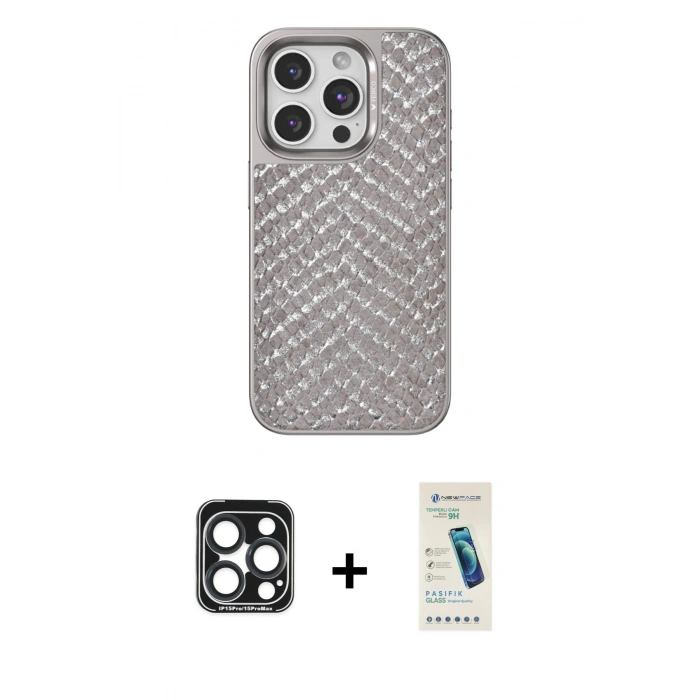 MARSİLYAN™- iPhone 15 Pro Max Kılıf Vadi Özel Seri - Şeffaf Pasifik Cam Ekran Koruyucu + PVD Metal Kamera Lens - LT