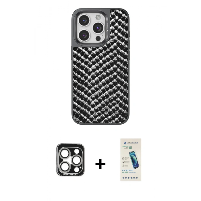MARSİLYAN™- iPhone 15 Pro Max Kılıf Vadi Özel Seri - Şeffaf Pasifik Cam Ekran Koruyucu + PVD Metal Kamera Lens - GS