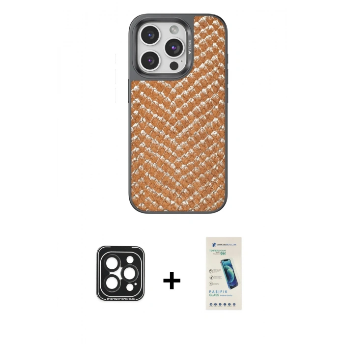 MARSİLYAN™- iPhone 15 Pro Max Kılıf Vadi Özel Seri - Şeffaf Pasifik Cam Ekran Koruyucu + Siyah PVD Metal Kamera Lens