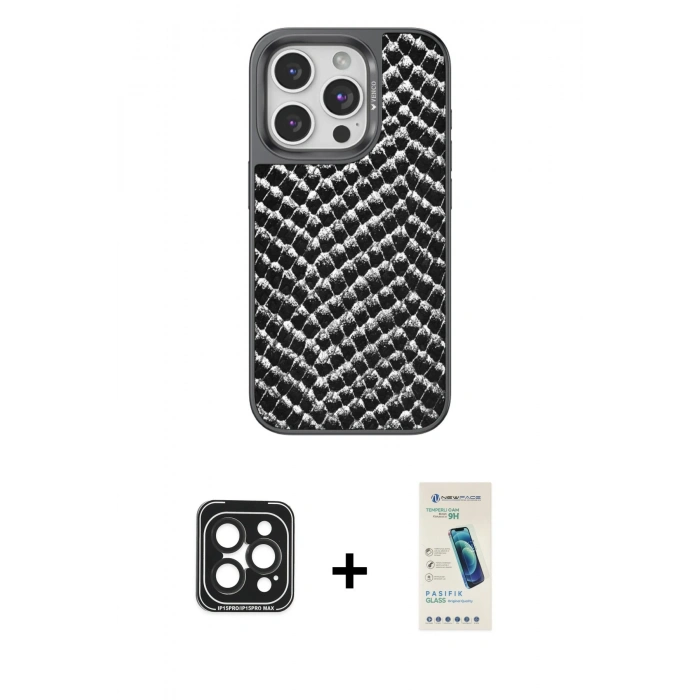 MARSİLYAN™- iPhone 15 Pro Max Kılıf Vadi Özel Seri - Şeffaf Pasifik Cam Ekran Koruyucu + Siyah PVD Metal Kamera Lens