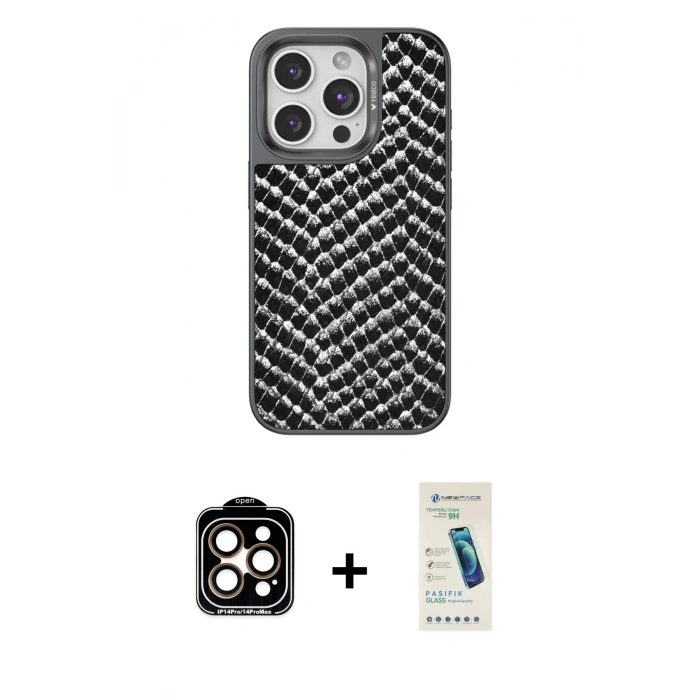MARSİLYAN™- iPhone 15 Pro Max Kılıf Vadi Özel Seri - Şeffaf Pasifik Cam Ekran Koruyucu + Turuncu PVD Metal Kamera Lens