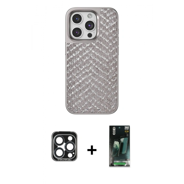 MARSİLYAN™- iPhone 15 Pro Max Kılıf Vadi Özel Seri - Siyah 360 Mat Full Body Arka Koruyucu + PVD Metal Kamera Lens - LT