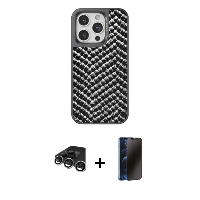 MARSİLYAN™- iPhone 15 Pro Max Kılıf Vadi Özel Seri - Siyah 3D Antistatik Hayalet Cam Ekran Koruyucu + Raze Metal Kamera Lens - GS