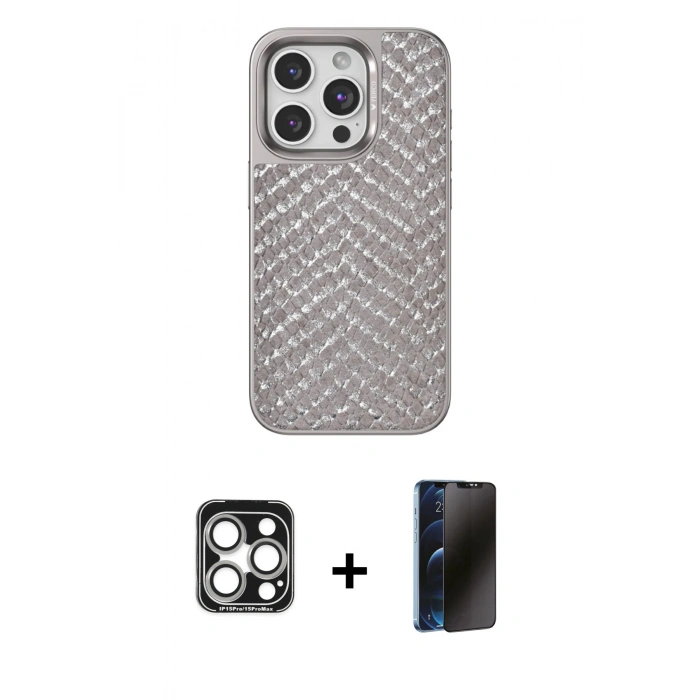 MARSİLYAN™- iPhone 15 Pro Max Kılıf Vadi Özel Seri - Siyah 3D Antistatik Hayalet Cam Ekran Koruyucu + PVD Metal Kamera Lens - GS