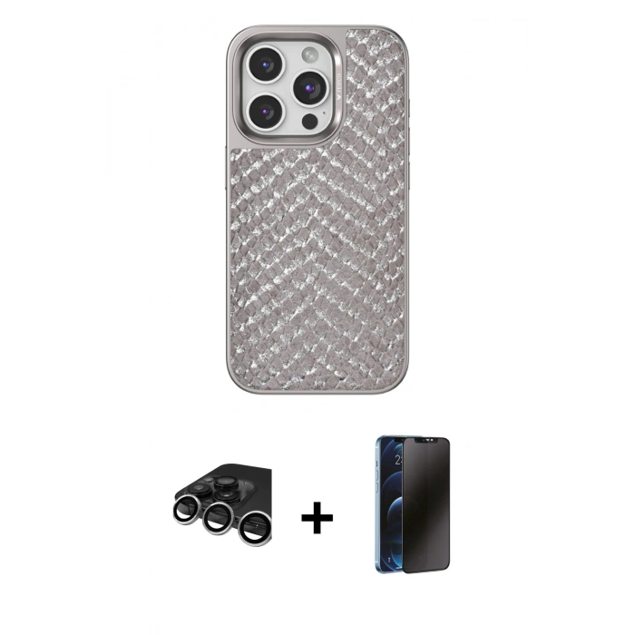 MARSİLYAN™- iPhone 15 Pro Max Kılıf Vadi Özel Seri - Siyah 3D Antistatik Hayalet Cam Ekran Koruyucu + Raze Metal Kamera Lens - GS