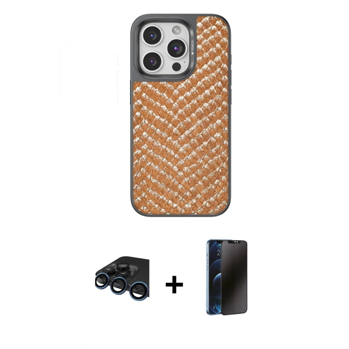 MARSİLYAN™- iPhone 15 Pro Max Kılıf Vadi Özel Seri - Siyah 3D Antistatik Hayalet Cam Ekran Koruyucu + Raze Metal Kamera Lens - LT