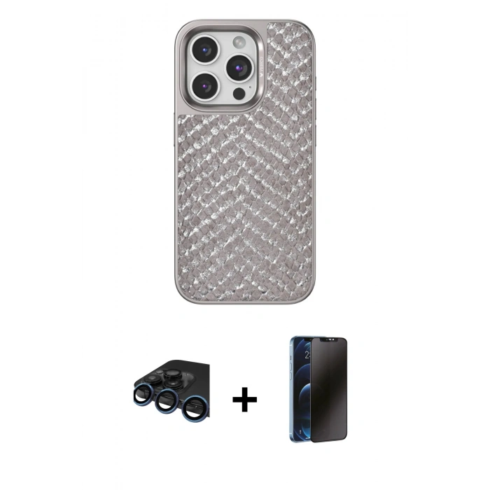 MARSİLYAN™- iPhone 15 Pro Max Kılıf Vadi Özel Seri - Siyah 3D Antistatik Hayalet Cam Ekran Koruyucu + Raze Metal Kamera Lens - LT