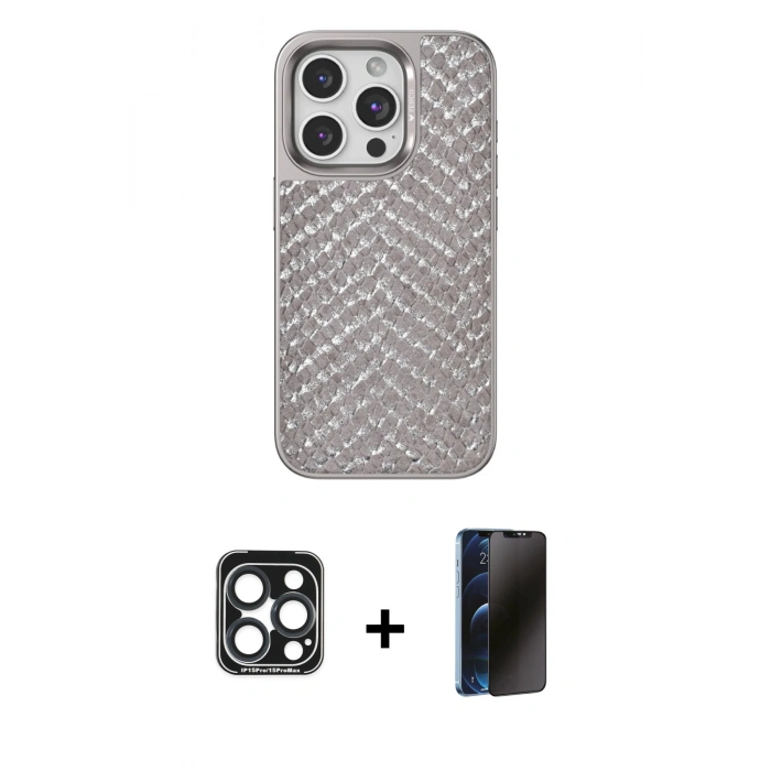 MARSİLYAN™- iPhone 15 Pro Max Kılıf Vadi Özel Seri - Siyah 3D Antistatik Hayalet Cam Ekran Koruyucu + PVD Metal Kamera Lens - LT