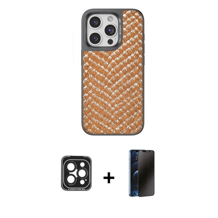 MARSİLYAN™- iPhone 15 Pro Max Kılıf Vadi Özel Seri - Siyah 3D Antistatik Hayalet Cam Ekran Koruyucu + PVD Metal Kamera Lens - SH
