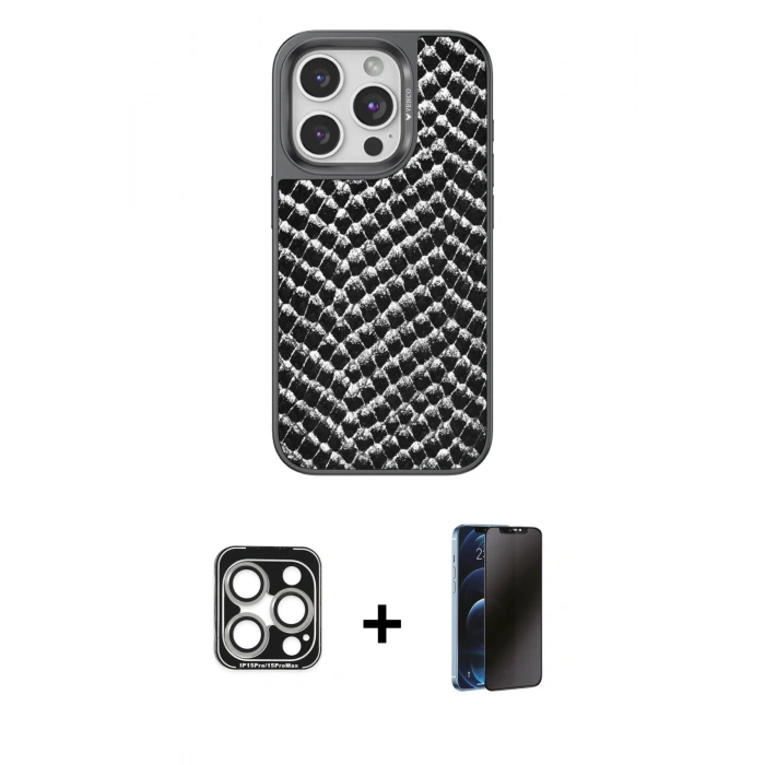 MARSİLYAN™- iPhone 15 Pro Max Kılıf Vadi Özel Seri - Siyah 3D Antistatik Hayalet Cam Ekran Koruyucu + PVD Metal Kamera Lens - GS