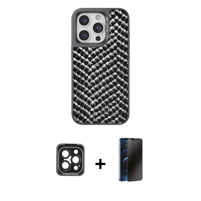 MARSİLYAN™- iPhone 15 Pro Max Kılıf Vadi Özel Seri - Siyah 3D Antistatik Hayalet Cam Ekran Koruyucu + PVD Metal Kamera Lens - SH