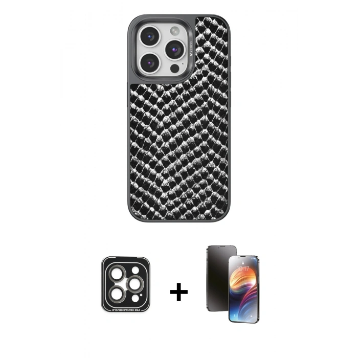 MARSİLYAN™- iPhone 15 Pro Max Kılıf Vadi Özel Seri - Siyah 3D Antistatik Mat Seramik Nano Ekran Koruyucu + PVD Metal Kamera Lens - GI