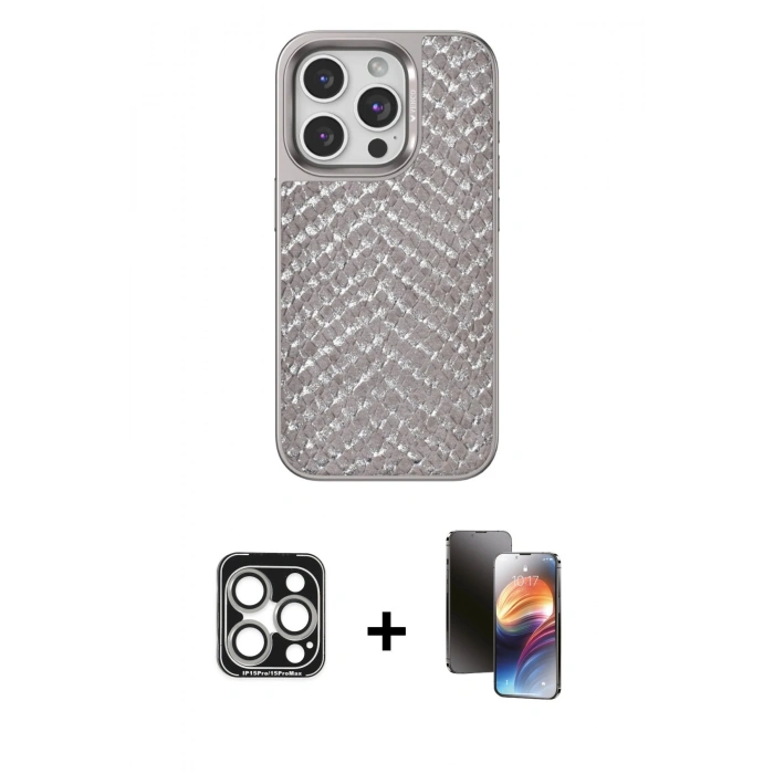 MARSİLYAN™- iPhone 15 Pro Max Kılıf Vadi Özel Seri - Siyah 3D Antistatik Mat Seramik Nano Ekran Koruyucu + PVD Metal Kamera Lens - GS