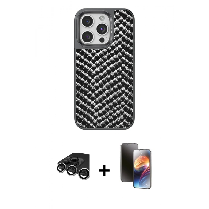 MARSİLYAN™- iPhone 15 Pro Max Kılıf Vadi Özel Seri - Siyah 3D Antistatik Mat Seramik Nano Ekran Koruyucu + Raze Metal Kamera Lens - GS