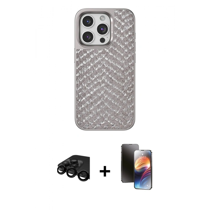 MARSİLYAN™- iPhone 15 Pro Max Kılıf Vadi Özel Seri - Siyah 3D Antistatik Mat Seramik Nano Ekran Koruyucu + Raze Metal Kamera Lens - SH