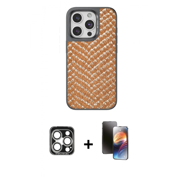 MARSİLYAN™- iPhone 15 Pro Max Kılıf Vadi Özel Seri - Siyah 3D Antistatik Mat Seramik Nano Ekran Koruyucu + PVD Metal Kamera Lens - GS