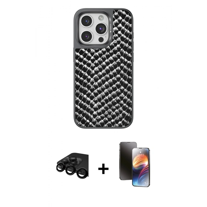 MARSİLYAN™- iPhone 15 Pro Max Kılıf Vadi Özel Seri - Siyah 3D Antistatik Mat Seramik Nano Ekran Koruyucu + Raze Metal Kamera Lens - SH