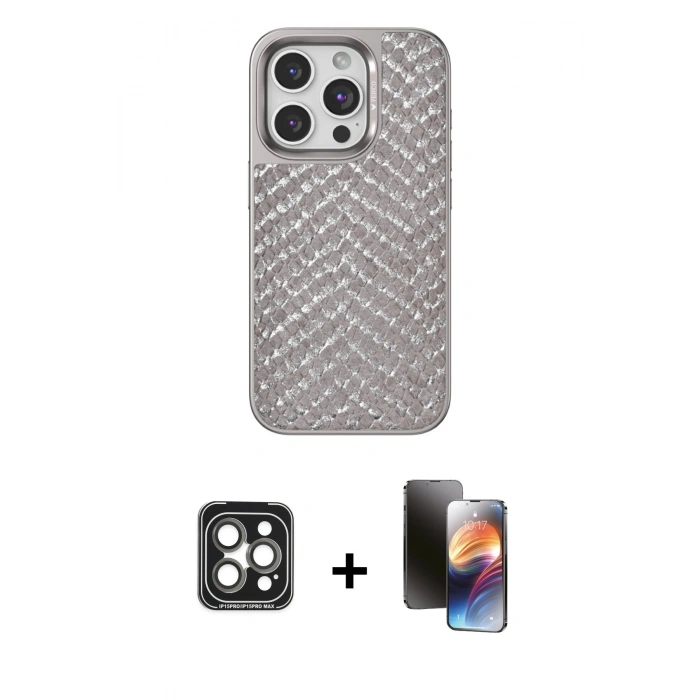 MARSİLYAN™- iPhone 15 Pro Max Kılıf Vadi Özel Seri - Siyah 3D Antistatik Mat Seramik Nano Ekran Koruyucu + PVD Metal Kamera Lens - GI
