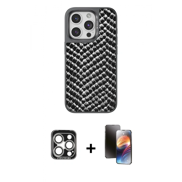 MARSİLYAN™- iPhone 15 Pro Max Kılıf Vadi Özel Seri - Siyah 3D Antistatik Mat Seramik Nano Ekran Koruyucu + PVD Metal Kamera Lens - GS