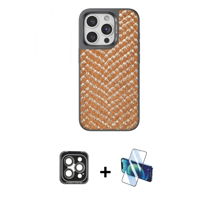 MARSİLYAN™- iPhone 15 Pro Max Kılıf Vadi Özel Seri - Siyah 3D Antistatik Seramik Nano Ekran Koruyucu + PVD Metal Kamera Lens - GI