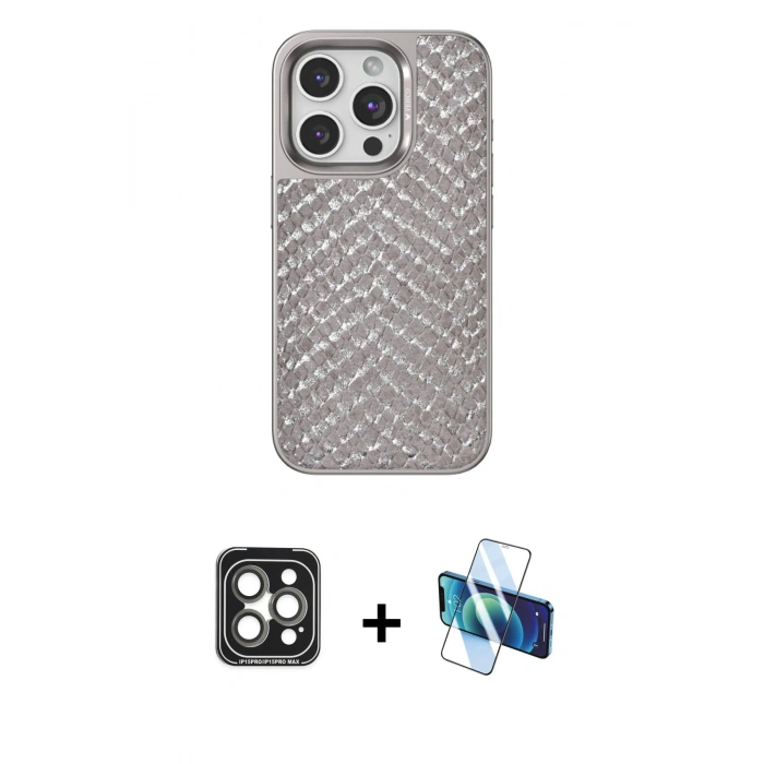 MARSİLYAN™- iPhone 15 Pro Max Kılıf Vadi Özel Seri - Siyah 3D Antistatik Seramik Nano Ekran Koruyucu + PVD Metal Kamera Lens - GI