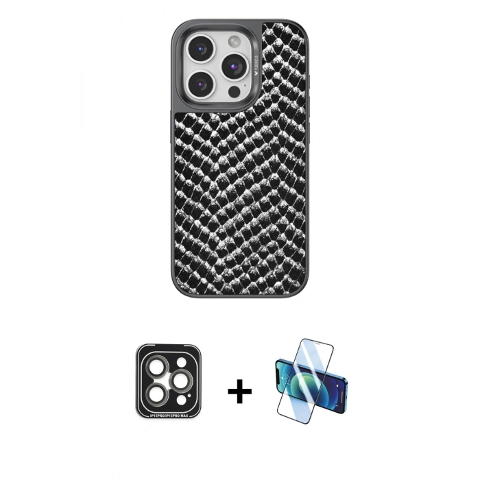 MARSİLYAN™- iPhone 15 Pro Max Kılıf Vadi Özel Seri - Siyah 3D Antistatik Seramik Nano Ekran Koruyucu + PVD Metal Kamera Lens - GI
