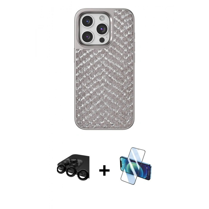 MARSİLYAN™- iPhone 15 Pro Max Kılıf Vadi Özel Seri - Siyah 3D Antistatik Seramik Nano Ekran Koruyucu + Raze Metal Kamera Lens - SH