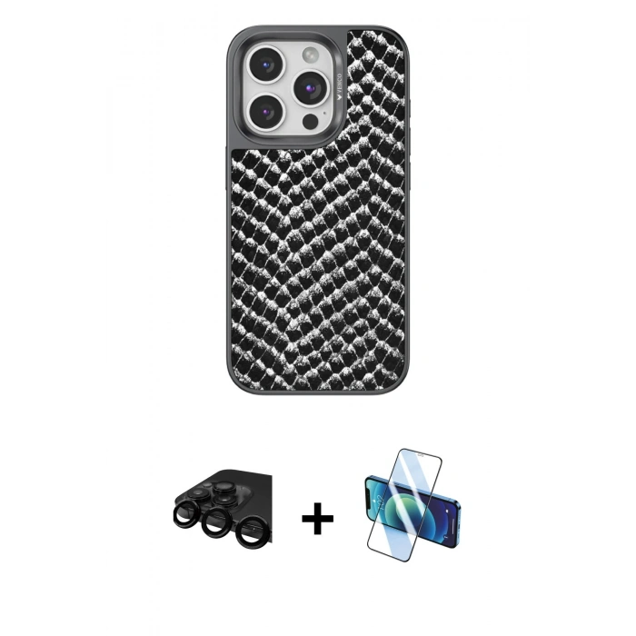 MARSİLYAN™- iPhone 15 Pro Max Kılıf Vadi Özel Seri - Siyah 3D Antistatik Seramik Nano Ekran Koruyucu + Raze Metal Kamera Lens - SH