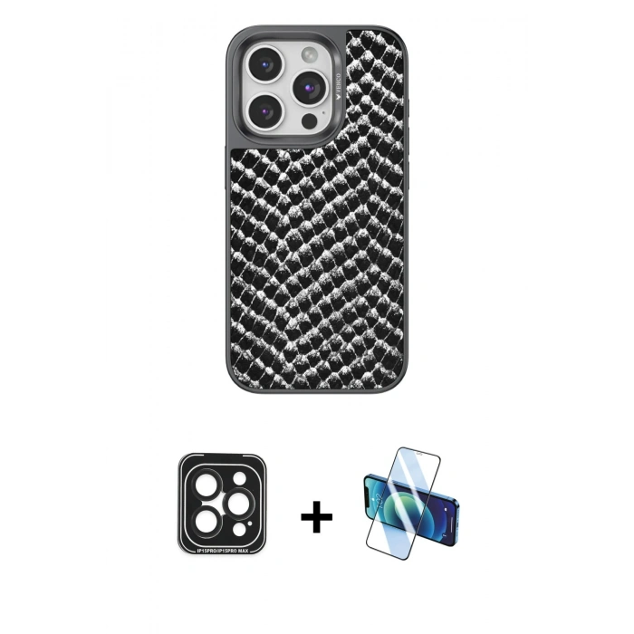 MARSİLYAN™- iPhone 15 Pro Max Kılıf Vadi Özel Seri - Siyah 3D Antistatik Seramik Nano Ekran Koruyucu + PVD Metal Kamera Lens - SH