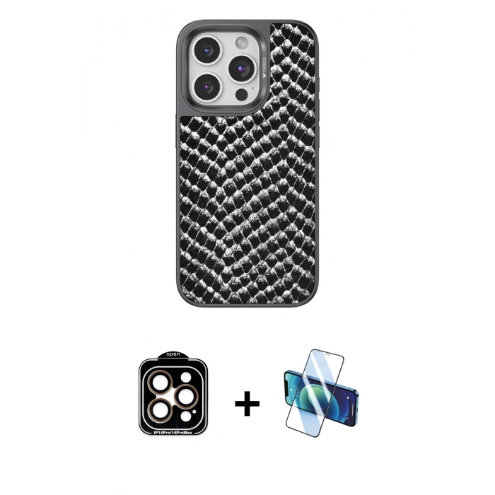 MARSİLYAN™- iPhone 15 Pro Max Kılıf Vadi Özel Seri - Siyah 3D Antistatik Seramik Nano Ekran Koruyucu + PVD Metal Kamera Lens - TU