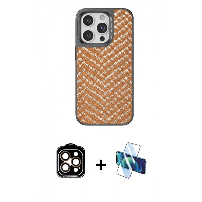 MARSİLYAN™- iPhone 15 Pro Max Kılıf Vadi Özel Seri - Siyah 3D Antistatik Seramik Nano Ekran Koruyucu + PVD Metal Kamera Lens - TU