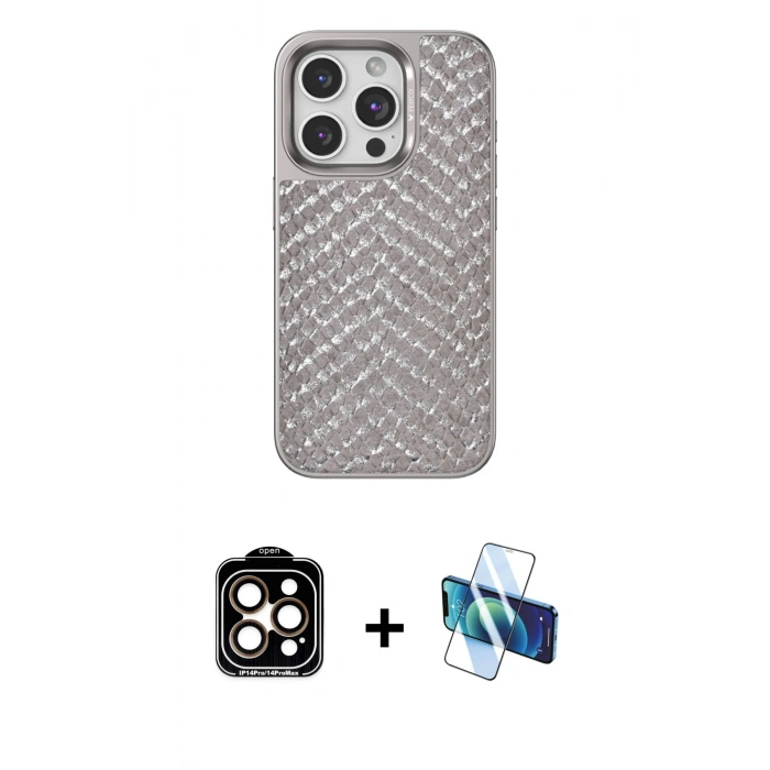 MARSİLYAN™- iPhone 15 Pro Max Kılıf Vadi Özel Seri - Siyah 3D Antistatik Seramik Nano Ekran Koruyucu + PVD Metal Kamera Lens - TU