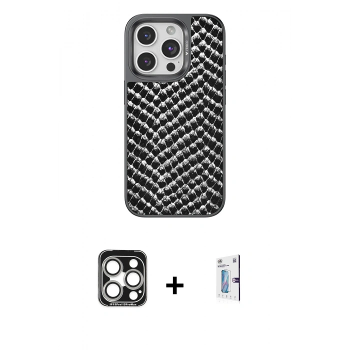 MARSİLYAN™- iPhone 15 Pro Max Kılıf Vadi Özel Seri - Siyah Bilvis 0.18mm Plus Cam Ekran Koruyucu + PVD Metal Kamera Lens - GS