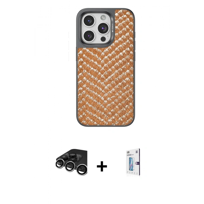 MARSİLYAN™- iPhone 15 Pro Max Kılıf Vadi Özel Seri - Siyah Bilvis 0.18mm Plus Cam Ekran Koruyucu + Raze Metal Kamera Lens - GS