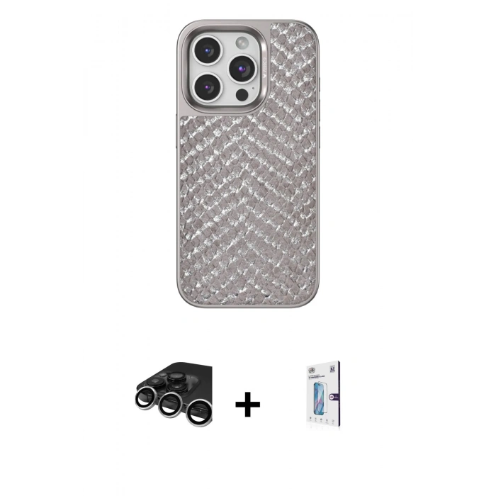 MARSİLYAN™- iPhone 15 Pro Max Kılıf Vadi Özel Seri - Siyah Bilvis 0.18mm Plus Cam Ekran Koruyucu + Raze Metal Kamera Lens - GS