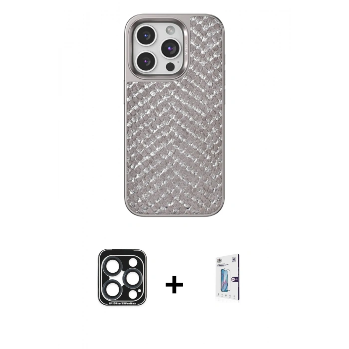 MARSİLYAN™- iPhone 15 Pro Max Kılıf Vadi Özel Seri - Siyah Bilvis 0.18mm Plus Cam Ekran Koruyucu + PVD Metal Kamera Lens - LT