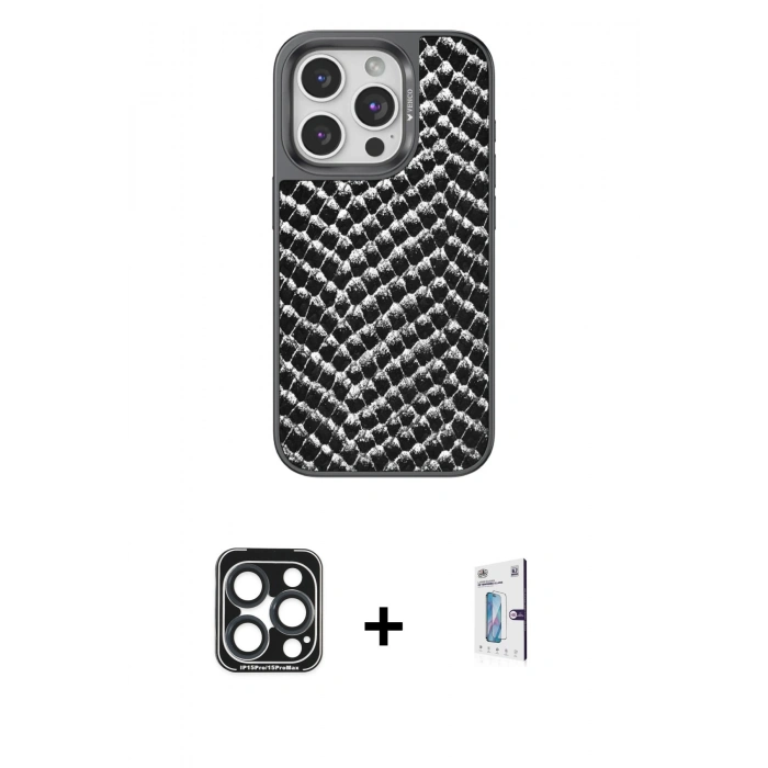 MARSİLYAN™- iPhone 15 Pro Max Kılıf Vadi Özel Seri - Siyah Bilvis 0.18mm Plus Cam Ekran Koruyucu + PVD Metal Kamera Lens - LT