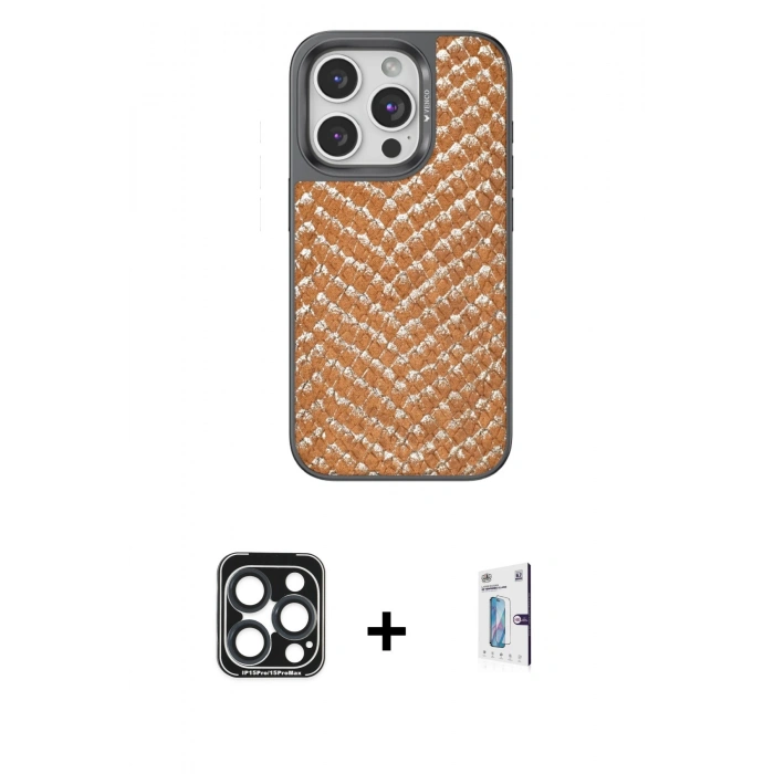 MARSİLYAN™- iPhone 15 Pro Max Kılıf Vadi Özel Seri - Siyah Bilvis 0.18mm Plus Cam Ekran Koruyucu + PVD Metal Kamera Lens - LT