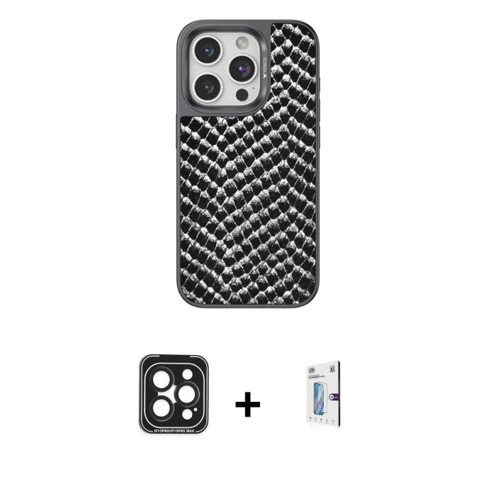 MARSİLYAN™- iPhone 15 Pro Max Kılıf Vadi Özel Seri - Siyah Bilvis 0.18mm Plus Cam Ekran Koruyucu + PVD Metal Kamera Lens - SH