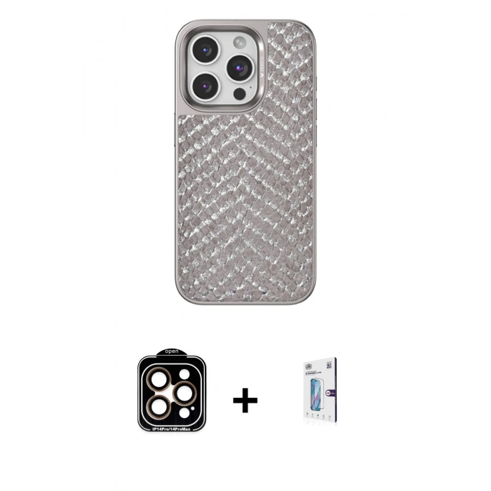 MARSİLYAN™- iPhone 15 Pro Max Kılıf Vadi Özel Seri - Siyah Bilvis 0.18mm Plus Cam Ekran Koruyucu + PVD Metal Kamera Lens - TU