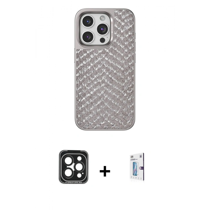MARSİLYAN™- iPhone 15 Pro Max Kılıf Vadi Özel Seri - Siyah Bilvis 0.18mm Plus Cam Ekran Koruyucu + PVD Metal Kamera Lens - SH
