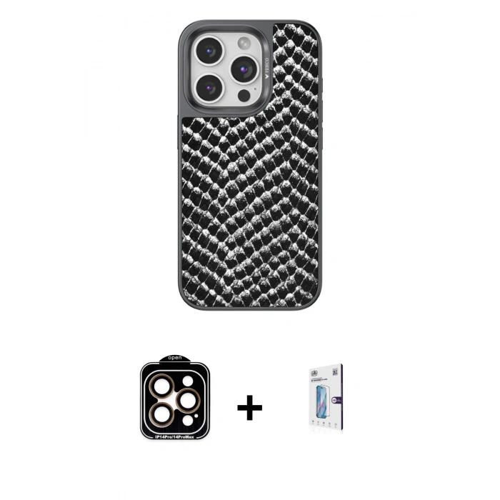 MARSİLYAN™- iPhone 15 Pro Max Kılıf Vadi Özel Seri - Siyah Bilvis 0.18mm Plus Cam Ekran Koruyucu + PVD Metal Kamera Lens - TU