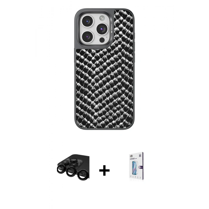 MARSİLYAN™- iPhone 15 Pro Max Kılıf Vadi Özel Seri - Siyah Bilvis 0.18mm Plus Cam Ekran Koruyucu + Raze Metal Kamera Lens - SH