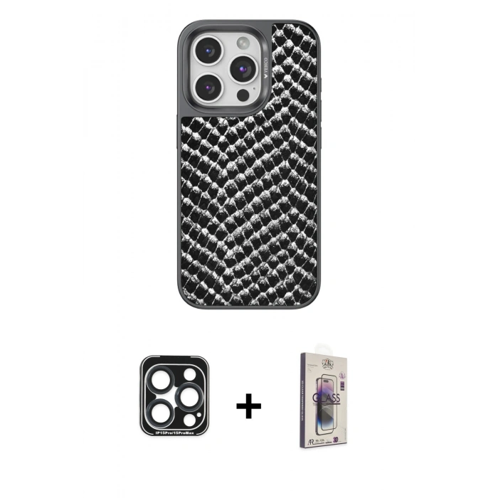MARSİLYAN™- iPhone 15 Pro Max Kılıf Vadi Özel Seri - Siyah Bilvis 3D Cam Ekran Koruyucu + PVD Metal Kamera Lens - LT