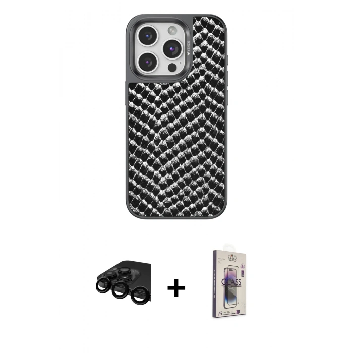MARSİLYAN™- iPhone 15 Pro Max Kılıf Vadi Özel Seri - Siyah Bilvis 3D Cam Ekran Koruyucu + Raze Metal Kamera Lens - SH