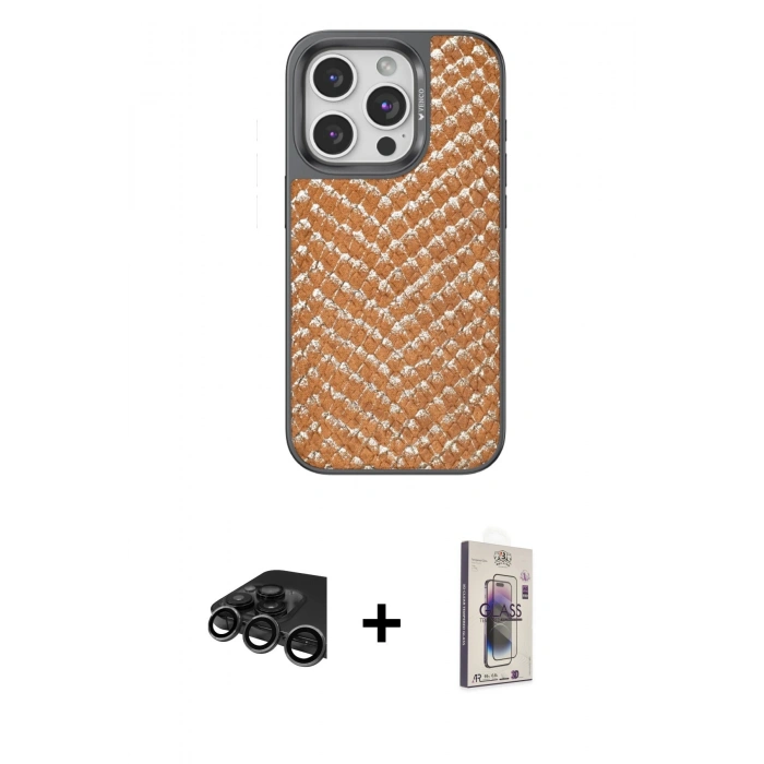 MARSİLYAN™- iPhone 15 Pro Max Kılıf Vadi Özel Seri - Siyah Bilvis 3D Cam Ekran Koruyucu + Raze Metal Kamera Lens - TMGI