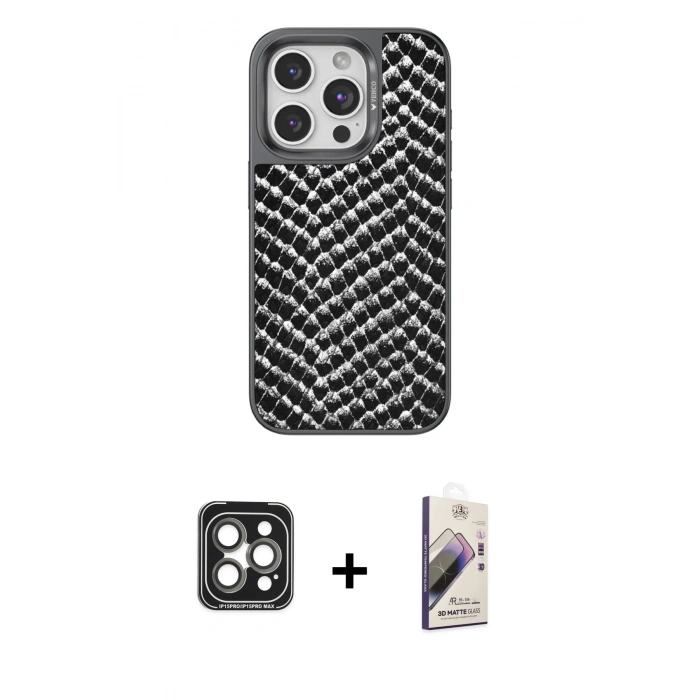 MARSİLYAN™- iPhone 15 Pro Max Kılıf Vadi Özel Seri - Siyah Bilvis 3D Mat Cam Ekran Koruyucu + Gri PVD Metal Kamera Lens