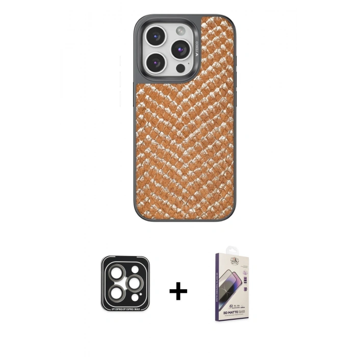 MARSİLYAN™- iPhone 15 Pro Max Kılıf Vadi Özel Seri - Siyah Bilvis 3D Mat Cam Ekran Koruyucu + Gri PVD Metal Kamera Lens